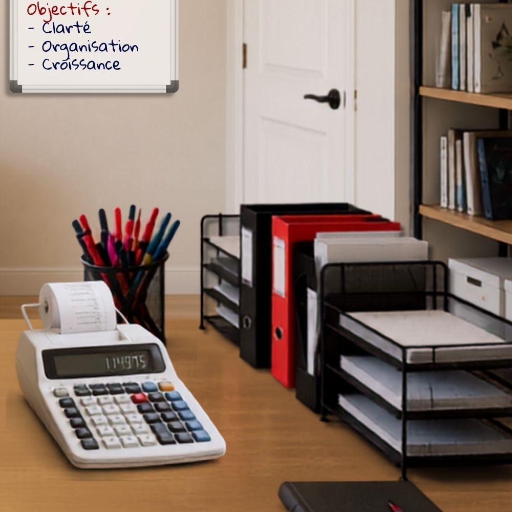 Bureau organisé avec calculatrice et classeurs, pour la tenue de livres et la gestion administrative de ton entreprise